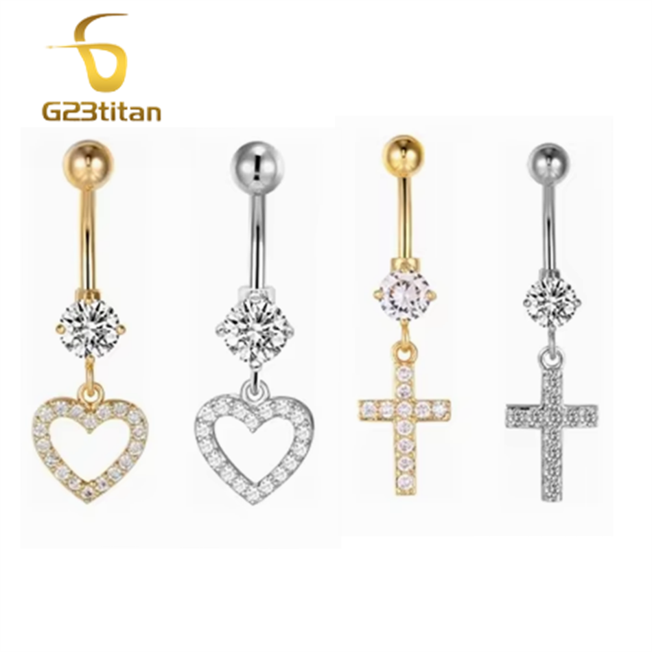 Belly Bar Titanium - Dangle Belly Button Ring Heart Crown